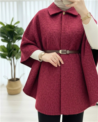 Tek Düğmeli  Beli Kemerli  Sakallı Panço    -Bordo