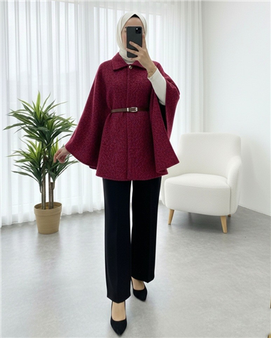 Tek Düğmeli  Beli Kemerli  Sakallı Panço    -Bordo