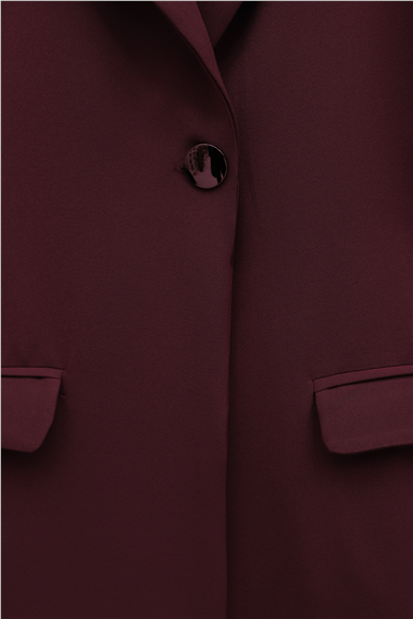 Tek Düğmeli Cep Detaylı Kruvaze Yaka Pantolonlu Krep Takım -Bordo