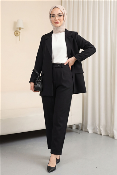 Tek Düğmeli Cep Detaylı Kruvaze Yaka Pantolonlu Krep Takım -Siyah