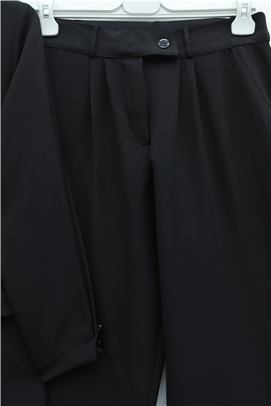 Tek Düğmeli Cep Detaylı Kruvaze Yaka Pantolonlu Krep Takım -Siyah