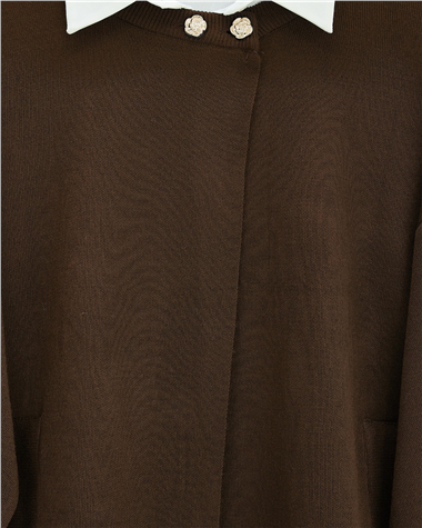 Tek Düğmeli Cepli Triko Panço  -Kahve