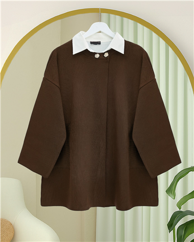 Tek Düğmeli Cepli Triko Panço  -Kahve