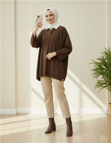 Tek Düğmeli Cepli Triko Panço  -Kahve