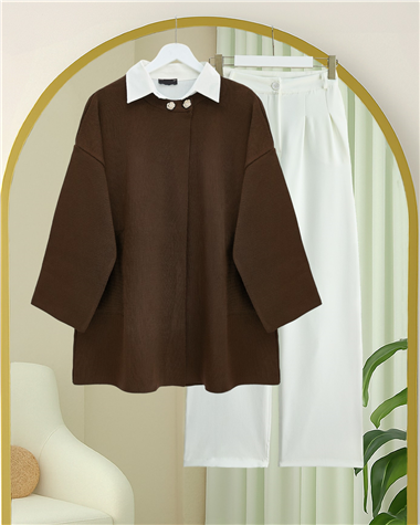 Tek Düğmeli Cepli Triko Panço  -Kahve