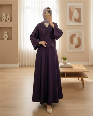 Tek Düğmeli Etekli Keçe Takım -Mor