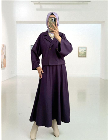 Tek Düğmeli Etekli Keçe Takım -Mor