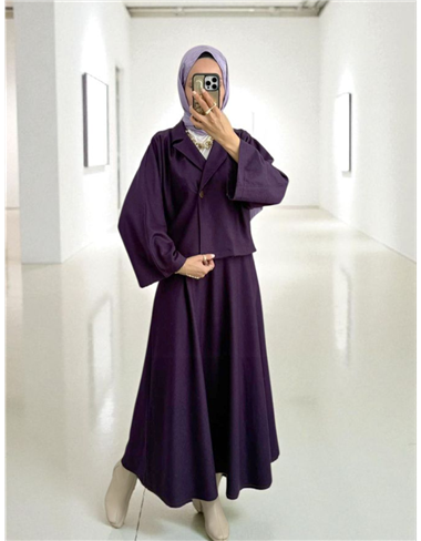 Tek Düğmeli Etekli Keçe Takım -Mor