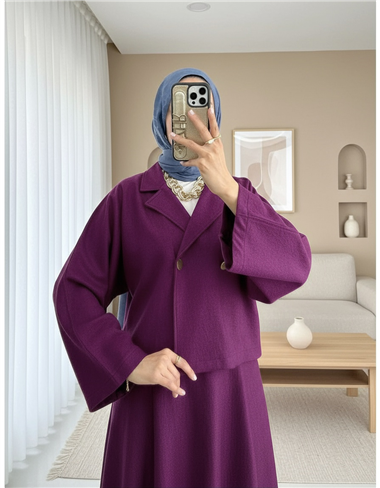 Tek Düğmeli Etekli Keçe Takım -Mürdüm
