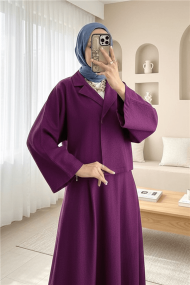 Tek Düğmeli Etekli Keçe Takım -Mürdüm