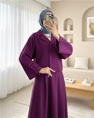 Tek Düğmeli Etekli Keçe Takım -Mürdüm