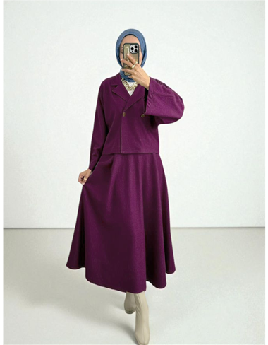 Tek Düğmeli Etekli Keçe Takım -Mürdüm