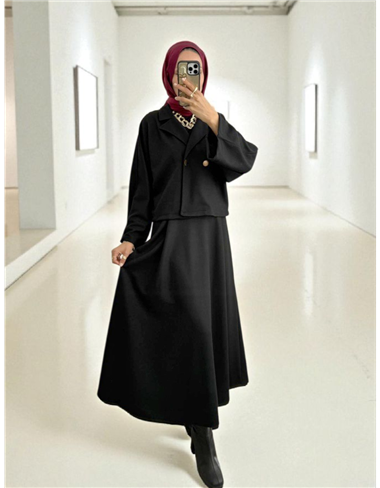 Tek Düğmeli Etekli Keçe Takım -Siyah