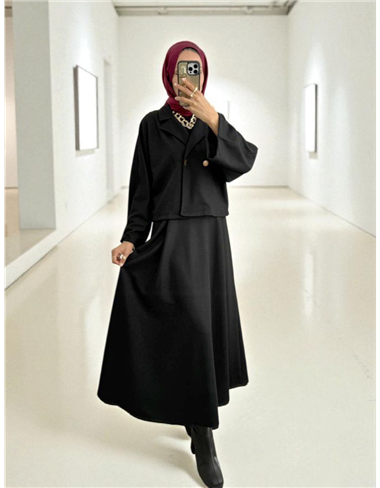 Tek Düğmeli Etekli Keçe Takım -Siyah