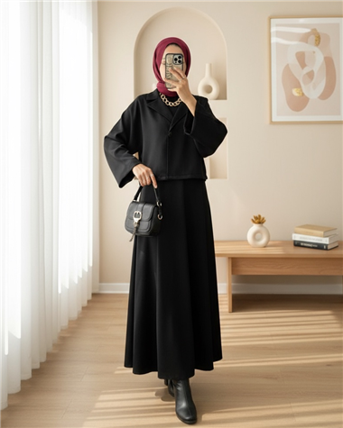 Tek Düğmeli Etekli Keçe Takım -Siyah