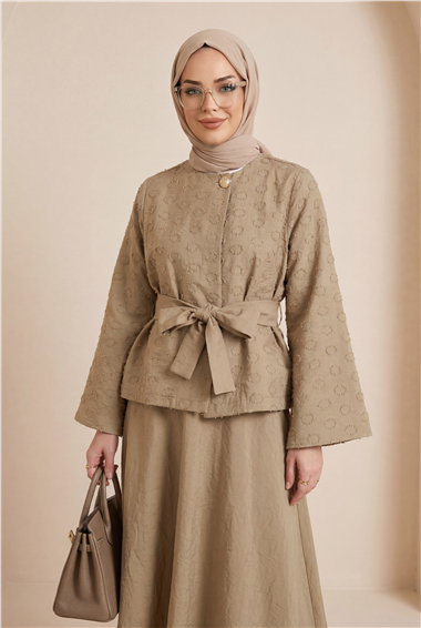 Tek Düğmeli Kemerli Kloş Etekli Nilsa Takım -Vizon