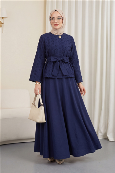 Tek Düğmeli Kemerli Kloş Etekli Nilsa Takım -Laci