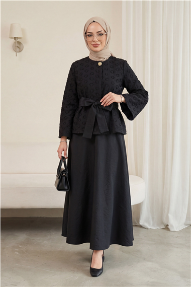 Tek Düğmeli Kemerli Kloş Etekli Nilsa Takım -Siyah