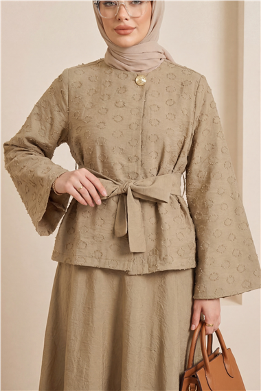 Tek Düğmeli Kemerli Kloş Etekli Nilsa Takım -Vizon