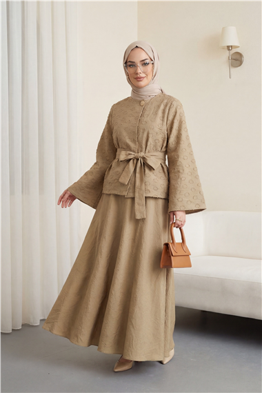 Tek Düğmeli Kemerli Kloş Etekli Nilsa Takım -Vizon