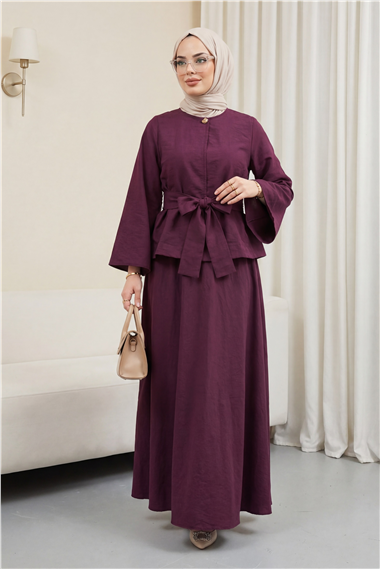 Tek Düğmeli Kuşaklı Etekliİkili Takım -Bordo