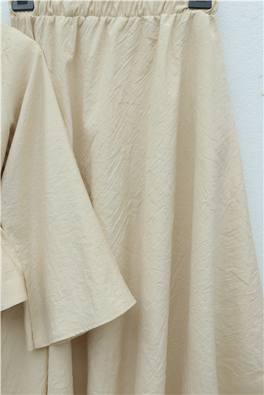 Tek Düğmeli Kuşaklı Etekliİkili Takım -Bej