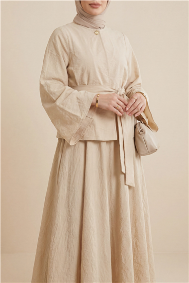 Tek Düğmeli Kuşaklı Etekliİkili Takım -Bej