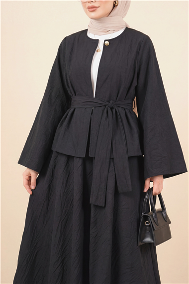 Tek Düğmeli Kuşaklı Etekliİkili Takım -Siyah