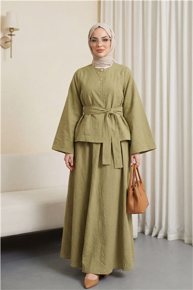 Tek Düğmeli Kuşaklı Etekliİkili Takım -Yağ Yeşili
