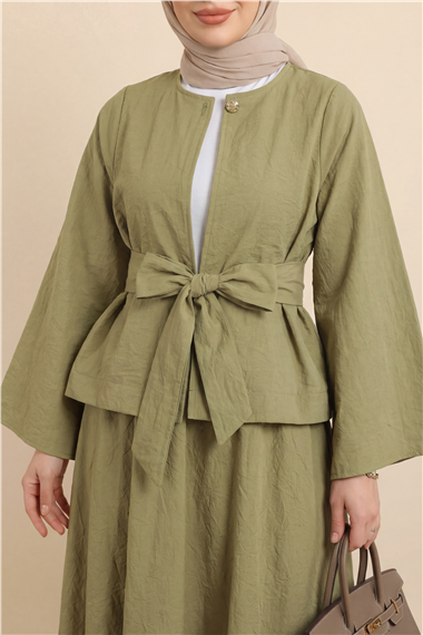 Tek Düğmeli Kuşaklı Etekliİkili Takım -Yağ Yeşili