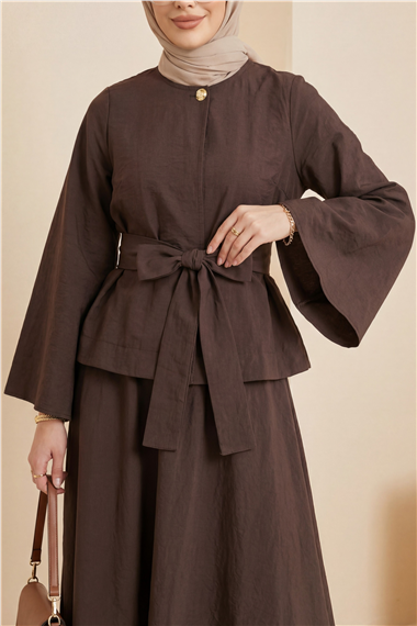 Tek Düğmeli Kuşaklı Etekliİkili Takım -Kahve