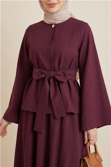 Tek Düğmeli Kuşaklı Etekliİkili Takım -Bordo