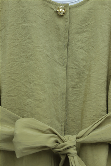 Tek Düğmeli Kuşaklı Etekliİkili Takım -Yağ Yeşili