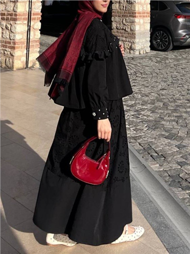 Tek Düğmeli Önü Fırfırlı Taşlı Etekli Takım  -Siyah