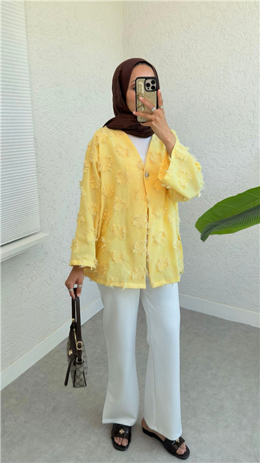 Tek Düğmeli Püskül Detaylı Yırtmaçlı Kimono -Sarı