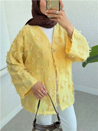 Tek Düğmeli Püskül Detaylı Yırtmaçlı Kimono -Sarı