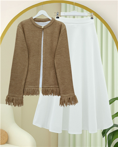 Tek Düğmeli Saçaklı Yumoş Triko Hırka  -Vizon