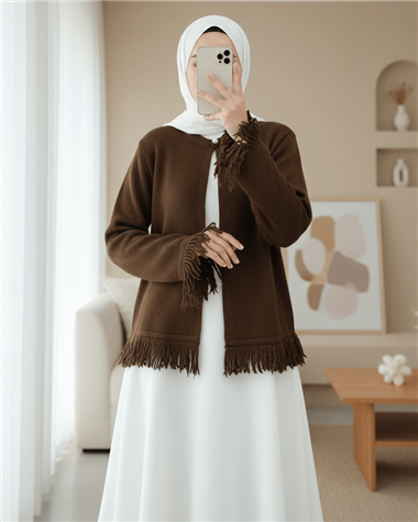 Tek Düğmeli Saçaklı Yumoş Triko Hırka   -Kahve