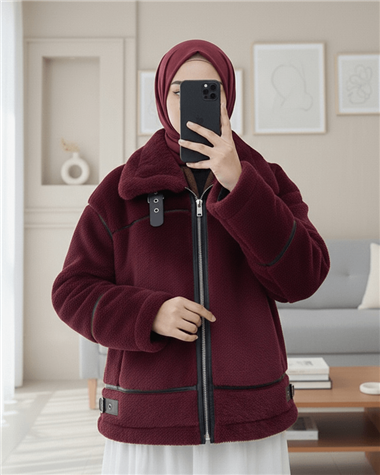 Ters Detay Peluş Lamineli Deri Detaylı Mont -Bordo