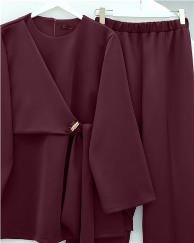 Tokalı Çapraz Bağlamalı Yırtmaçlı Pantolonlu İkili Scuba Takım -Bordo