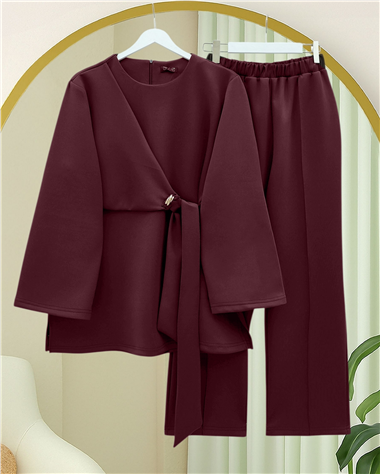 Tokalı Çapraz Bağlamalı Yırtmaçlı Pantolonlu İkili Scuba Takım -Bordo