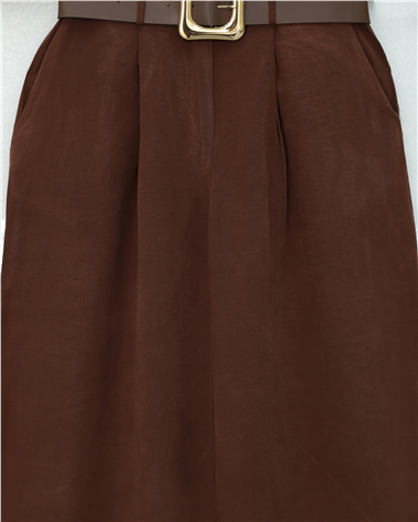 Tokalı Kemerli Beli Katlamalı Bol Paça Modal Krep Pantolon  -Kahve