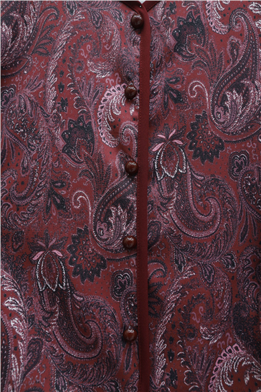 Top Düğme Etnik Desen Etekli Krep Takım -Bordo