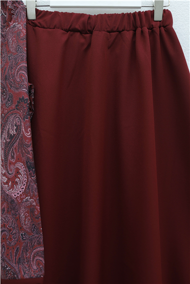 Top Düğme Etnik Desen Etekli Krep Takım -Bordo