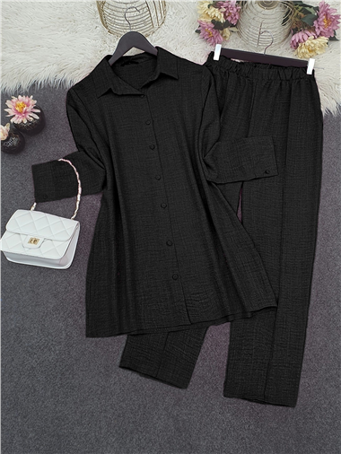 Top Düğme Gömlek Pantolonlu Takım   -Siyah