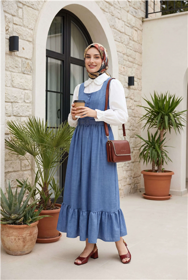 Top Düğmeli Altı Fırfırlı Beli Kemerli  Jile Elbise   -İndigo