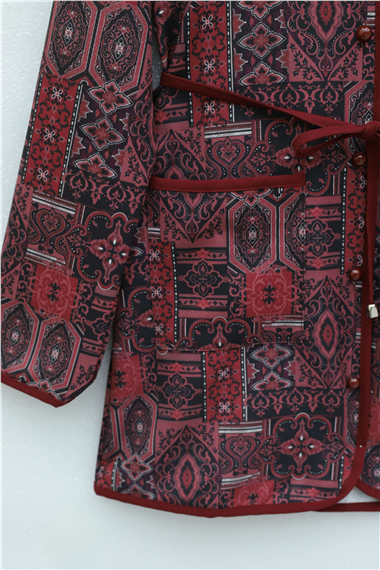 Top Düğmeli Cepli Kemerli Desenli Pantolonlu Dabıl Takım  -Bordo