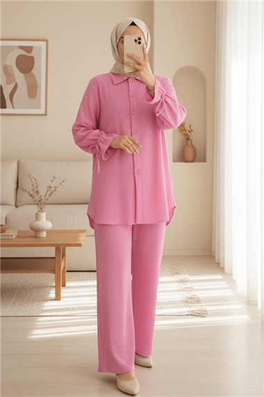 Top Düğmeli Kolu Bağcıklı Krinkıl Takım -Pembe