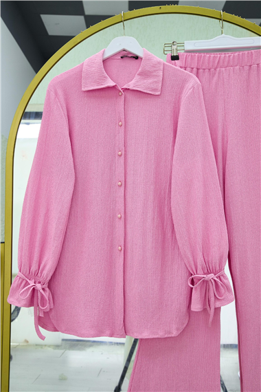 Top Düğmeli Kolu Bağcıklı Krinkıl Takım -Pembe