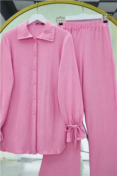 Top Düğmeli Kolu Bağcıklı Krinkıl Takım -Pembe